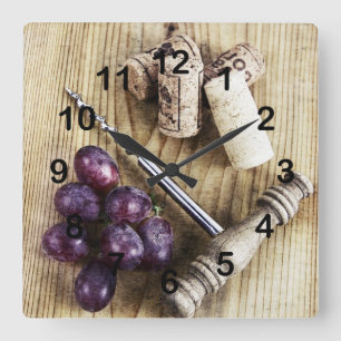 Reloj Cuadrado Uvas, corchos de la botella de vino y sacacorchos