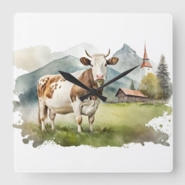 Reloj Cuadrado Vaca acuarela En El Valle De Las Montañas