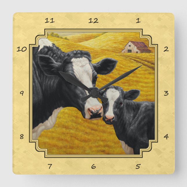 Reloj Cuadrado Vaca Holstein y Amarillo de cría de ternera (Anverso)
