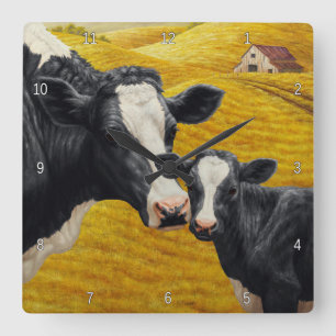 Reloj Cuadrado Vacas Holstein y la antigua fábrica de madera
