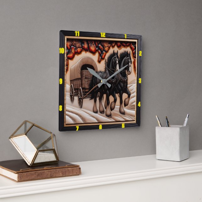 Reloj Cuadrado Vagón de nieve: Clydesdale, madera charrada person (Oficina)