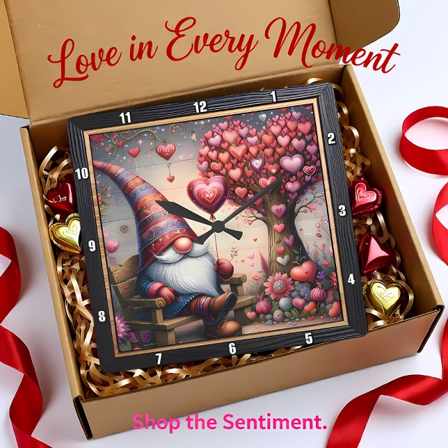 Reloj Cuadrado Valentine Garden Gnome Heart Tree (Subido por el creador)