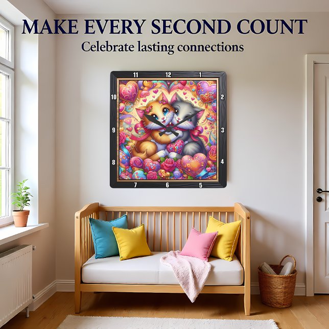 Reloj Cuadrado Valentine Kitten Hug Heart Wall (Subido por el creador)