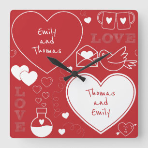Reloj Cuadrado Valentine Pattern Wall Clock - White on Red