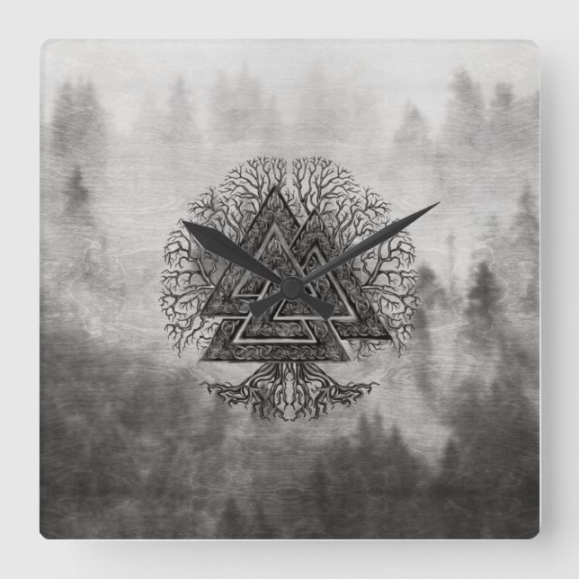 Reloj Cuadrado Valknut y árbol de la vida Yggdrasil (Anverso)