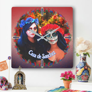 Reloj Cuadrado Vallarta Catrinas con Flores y Velas 1718
