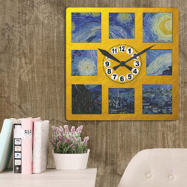 Reloj Cuadrado Van Gogh & Starry Night Art / Golden Retro Clock