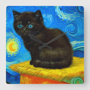 Reloj Cuadrado Van Gogh Style Starry Night Cat