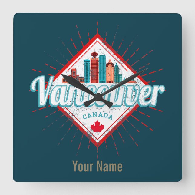 Reloj Cuadrado Vancouver Skyline British Columbia Retro Canadá (Anverso)