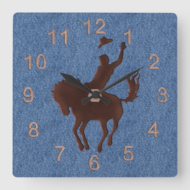 Reloj Cuadrado Vaquero de cuero y caballo en Denim (Anverso)