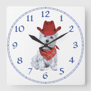 Reloj Cuadrado Vaquero Westie en Rojo
