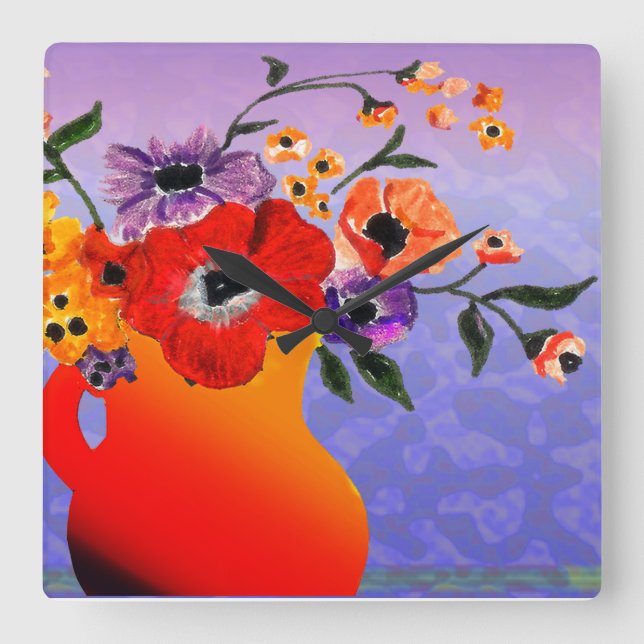 Reloj Cuadrado Vase roja brillante de flores (Anverso)