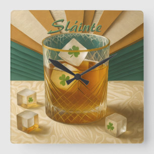 Reloj Cuadrado Vaso de whisky irlandés Shamrock Ice "Sláinte!"