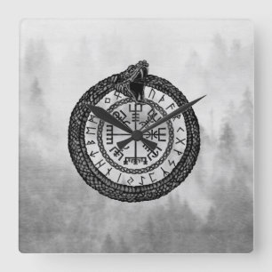 Reloj Cuadrado Vegvisir con Ouroboros y runas - escala de grises
