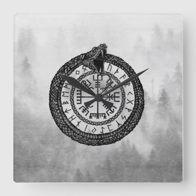 Reloj Cuadrado Vegvisir con Ouroboros y runas - escala de grises (Anverso)