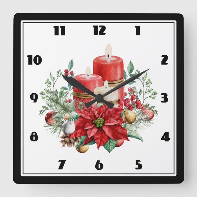 Reloj Cuadrado Velas acuáticas y Navidades de la Poinsettia (Anverso)