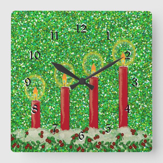 Reloj Cuadrado Velas de Navidades rojos, diseño brillante de boni (Anverso)