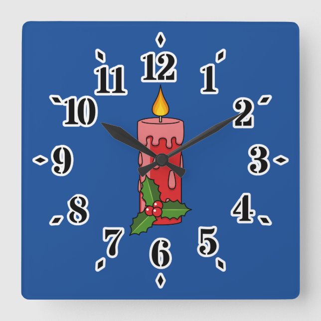 Reloj Cuadrado Velas del pilar rojo navidad con Holly (Anverso)