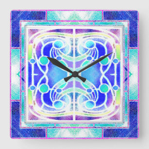 Reloj Cuadrado Ventana de la Catedral de Vidrio Manchado en Azul 