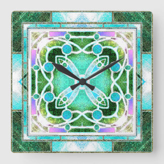 Reloj Cuadrado Ventana de la Catedral de Vidrio Manchado en Verde