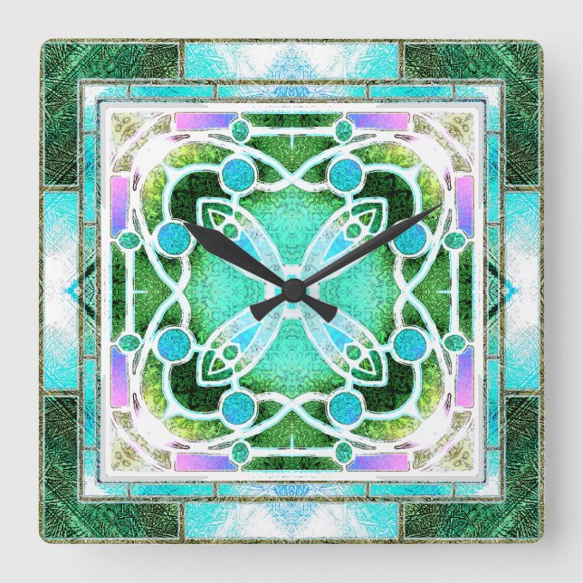 Reloj Cuadrado Ventana de la Catedral de Vidrio Manchado en Verde (Anverso)