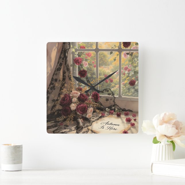 Reloj Cuadrado Ventana de otoño victoriana Cortinas de encaje Ros (Hogar)