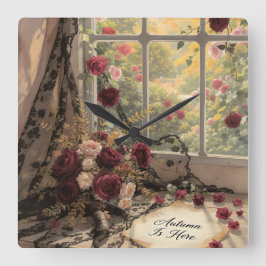 Reloj Cuadrado Ventana de otoño victoriana Cortinas de encaje Ros
