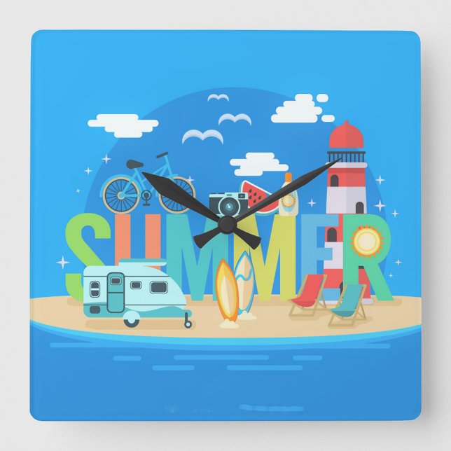 Reloj Cuadrado Verano (The scene includes a sandy beach!)