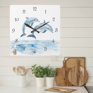 Reloj Cuadrado Verano costero de delfines acuarelas