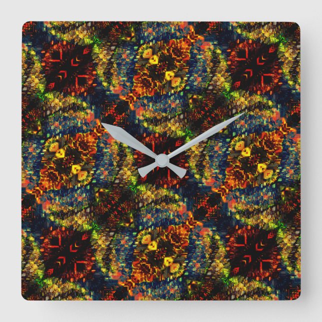 Reloj Cuadrado Verde Amarillo Rojo sobre papel rojo oscuro, con f (Anverso)