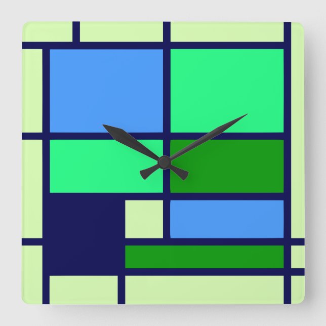 Reloj Cuadrado Verde azul del diseño del estilo de Mondrian (Anverso)