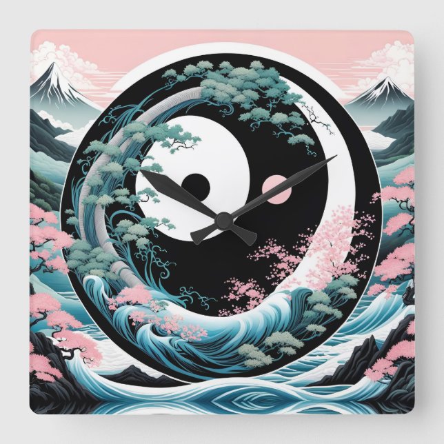 Reloj Cuadrado Verde azulado del salvia rosado ondulado (Anverso)