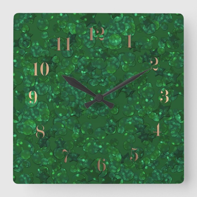 Reloj Cuadrado Verde, confetti, purpurina (Anverso)