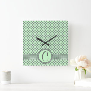 Reloj Cuadrado Verde de menta con puntos de polka gris-Monograma