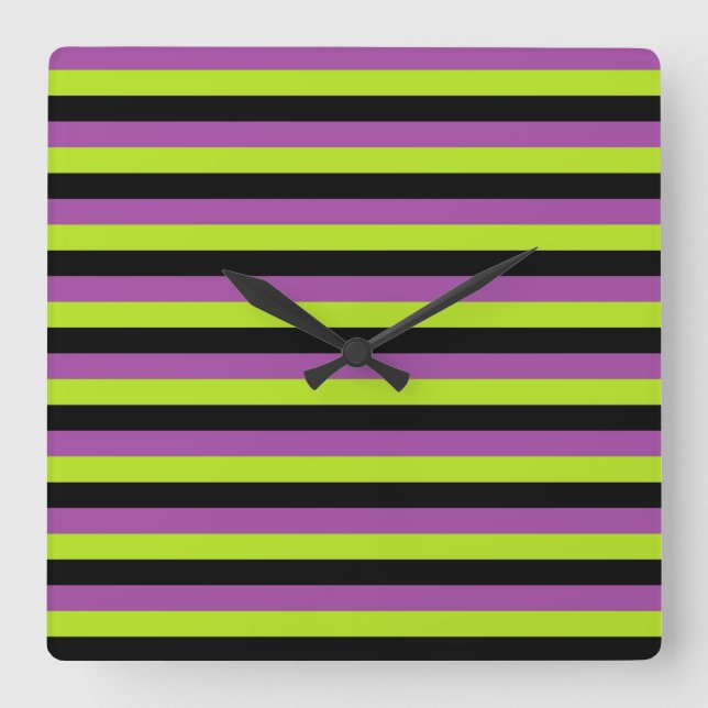 Reloj Cuadrado Verde lima púrpura y rayas negras (Anverso)