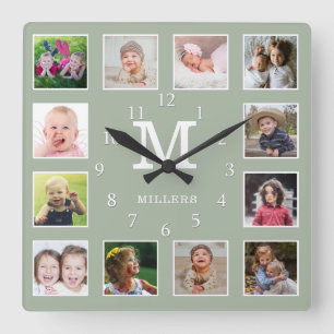 Reloj Cuadrado Verde Salvia 12 Collage de Fotos Monograma Nombre