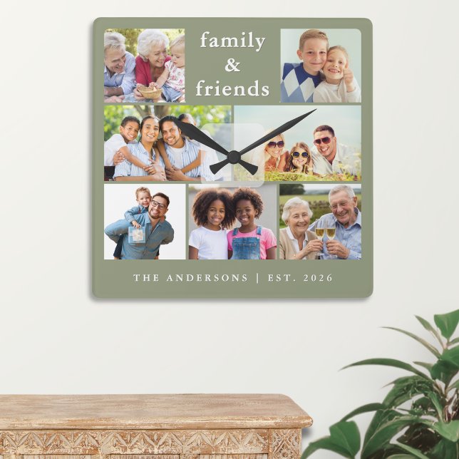 Reloj Cuadrado Verde Salvia Moderno Collage de 7 Fotos con Nombre (A personalized sage green wall clock, with 7 photos of family and friends, with custom name and year)