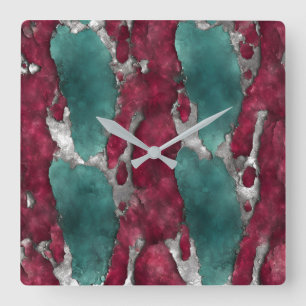 Reloj Cuadrado Verdigris Abstracto y Rubí con Plateado Metálico