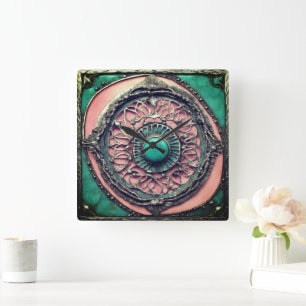Reloj Cuadrado Verdigris moderno y arte Metalizado rosa