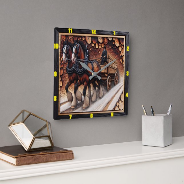 Reloj Cuadrado Viaje en invierno Obra maestra de la madera arbola (Oficina)