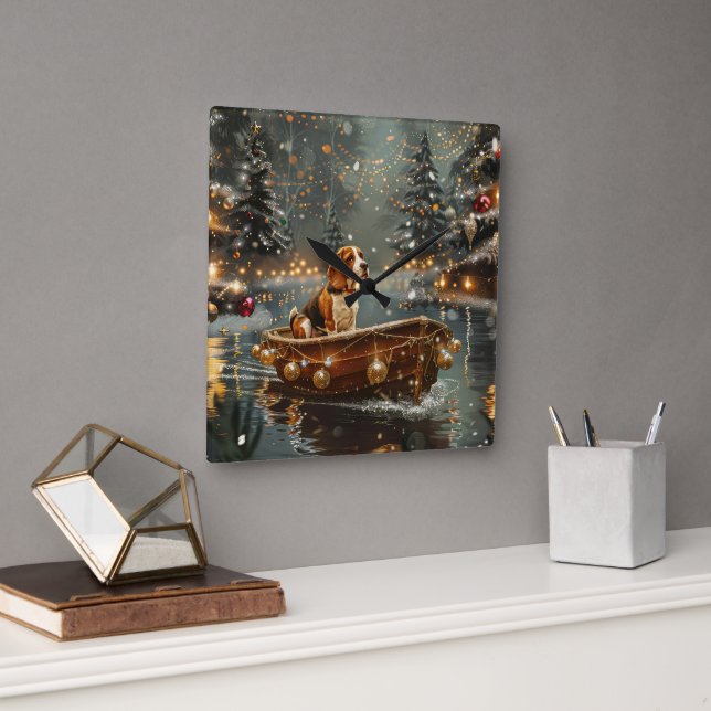 Reloj Cuadrado Viaje festivo de los Navidades Beagle (Oficina)