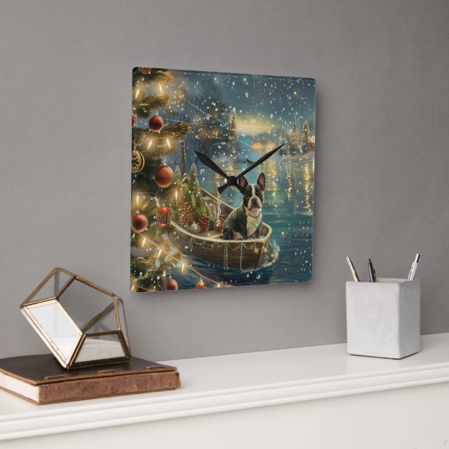 Reloj Cuadrado Viaje festivo de los Navidades de Boston Terrier (Oficina)