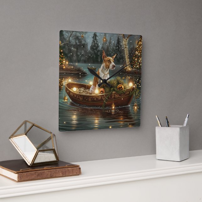 Reloj Cuadrado Viaje festivo para Navidades de Bull Terrier (Oficina)