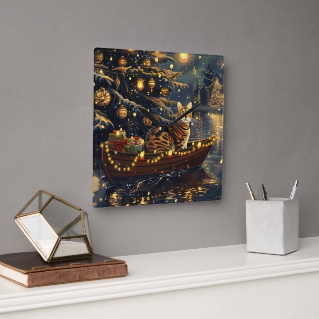 Reloj Cuadrado Viaje festivo para Navidades de gatos de Bengala (Oficina)