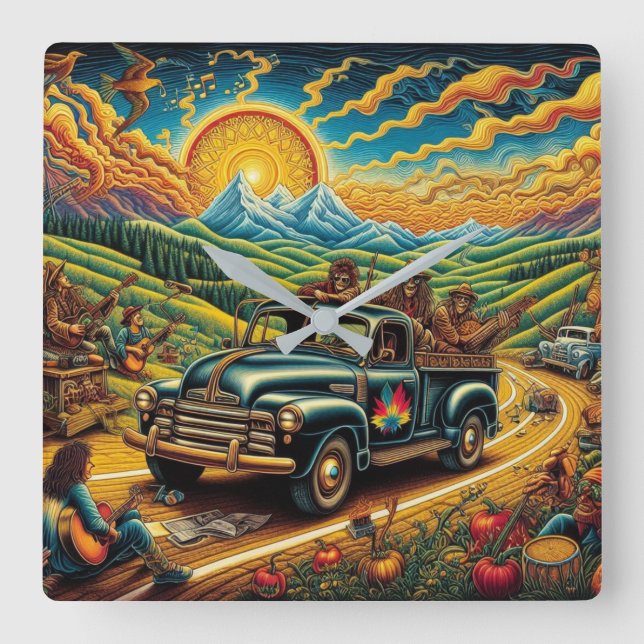 Reloj Cuadrado Viaje por carretera de arte popular (Anverso)