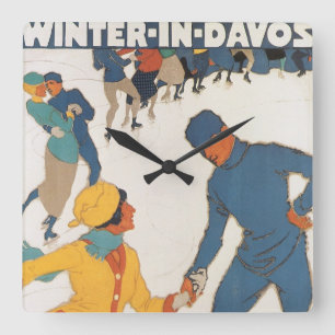 Reloj Cuadrado Viajes antiguos, Art Deco, invierno Davos Suiza