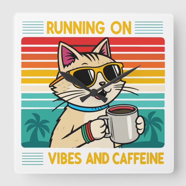 Reloj Cuadrado Vibes de gato para café retro - Funny Caffeine Lov (Anverso)