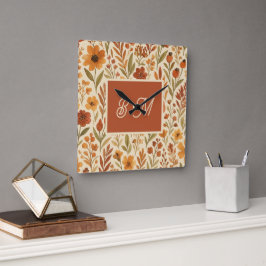Reloj Cuadrado Vibes de otoño y monograma floral rusos