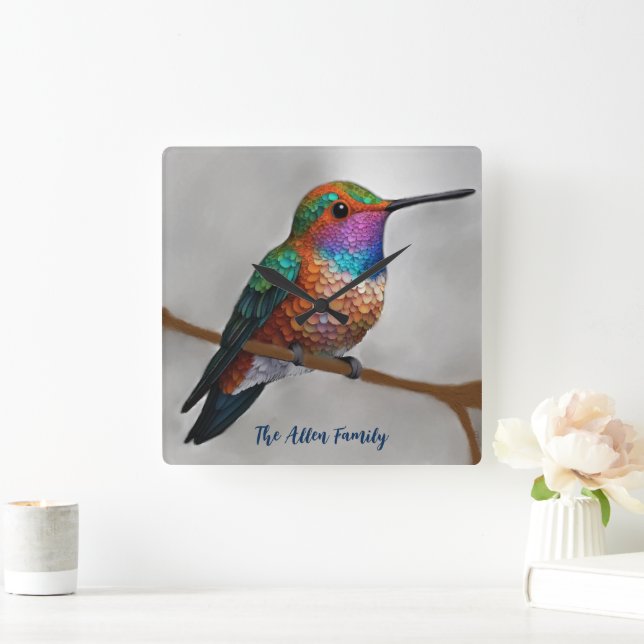 Reloj Cuadrado Vibrant Allen’s Hummingbird Painting (Hogar)