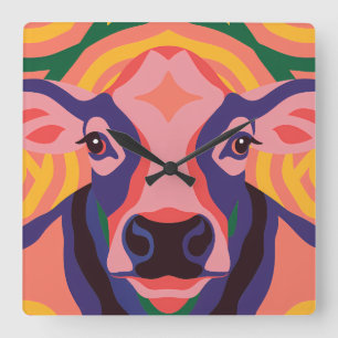 Reloj Cuadrado Vibrant Pop Art Cow Face Portrait